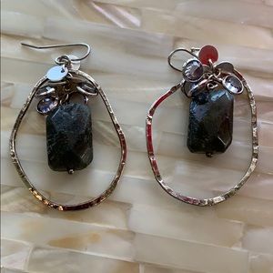 Artesian Hammered Silver And Stones Boho Dangling Earrings Fish Hook Backing